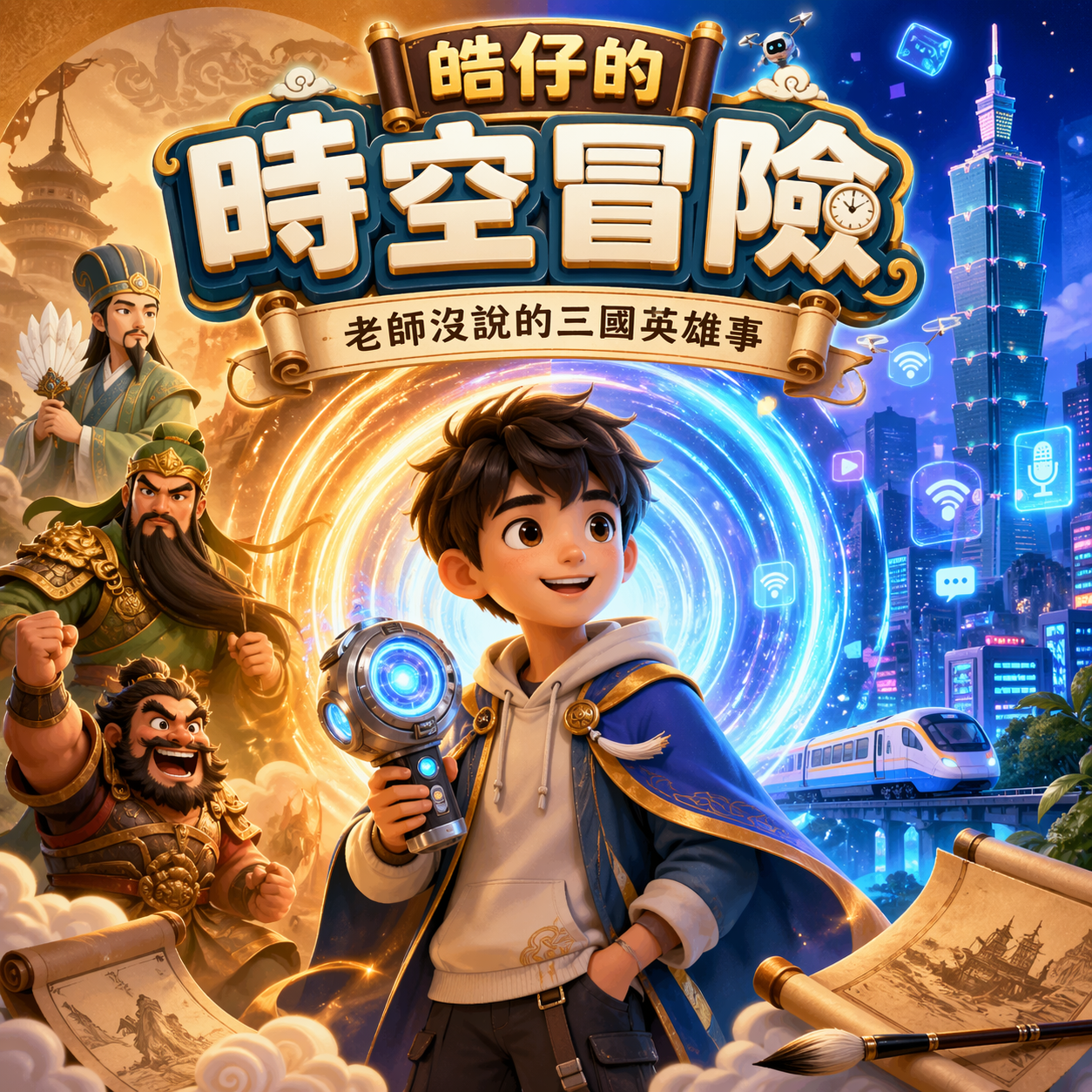 皓仔的時空冒險 主視覺：皓仔手持時空探測器，身後浮現諸葛亮、關羽、張飛與台北101